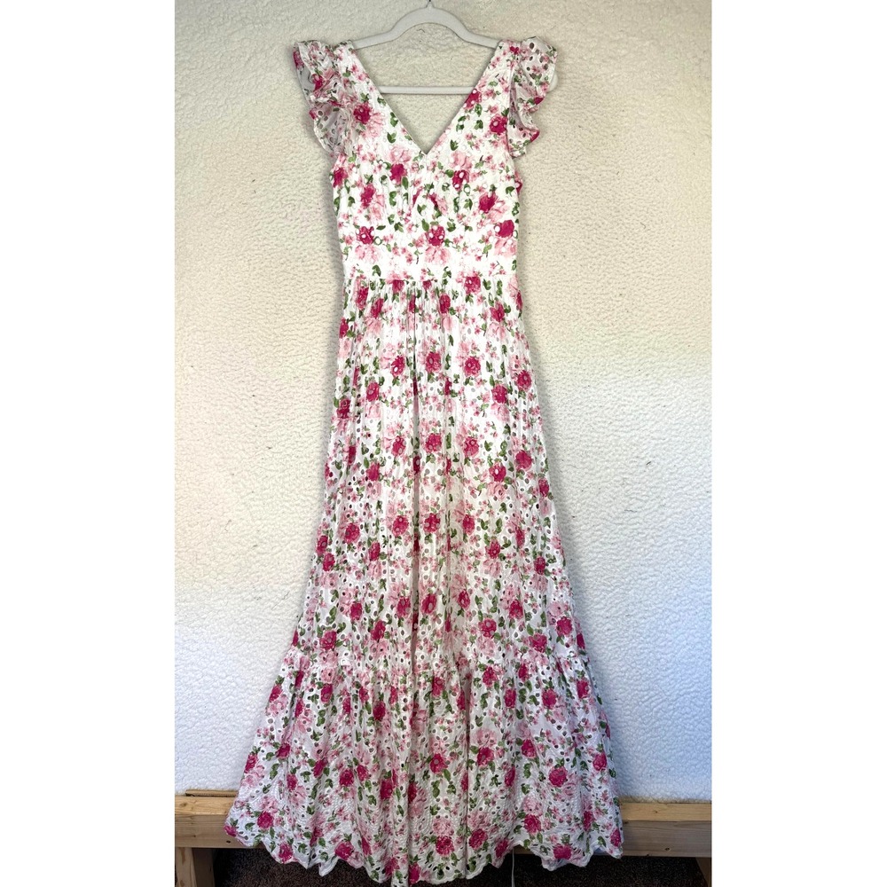 Dress Womens M Floral Eyelet Maxi Smocked Lace Up Back Twee Summer Coquette